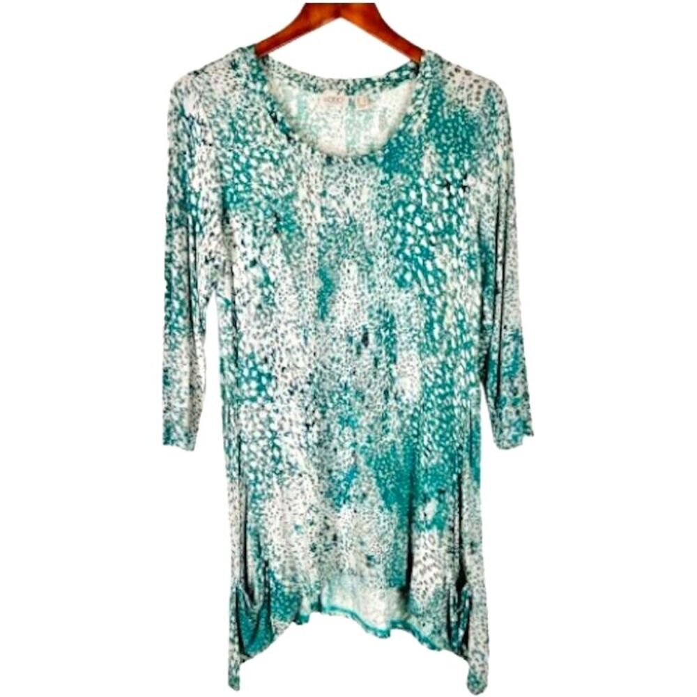 Lori Goldstein Tunic Top S Turquoise Gray White Splatter Print Pockets